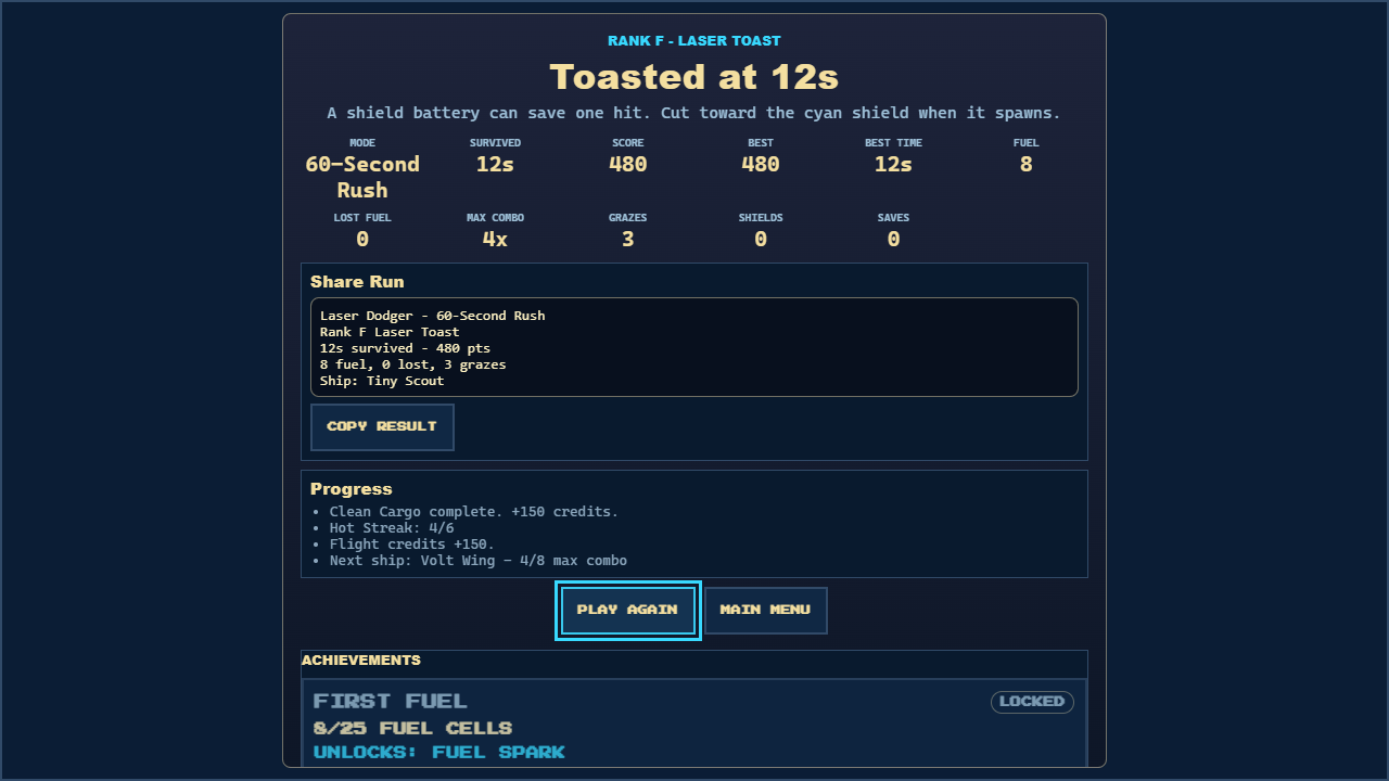 Laser Dodger end of run report